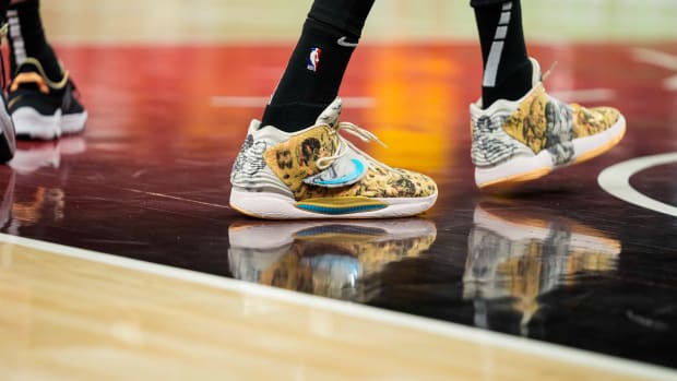 Brooklyn Nets forward Kevin Durant wears his Nike KD 14 sneakers on the court against the Atlanta Hawks on April 2, 2022.
